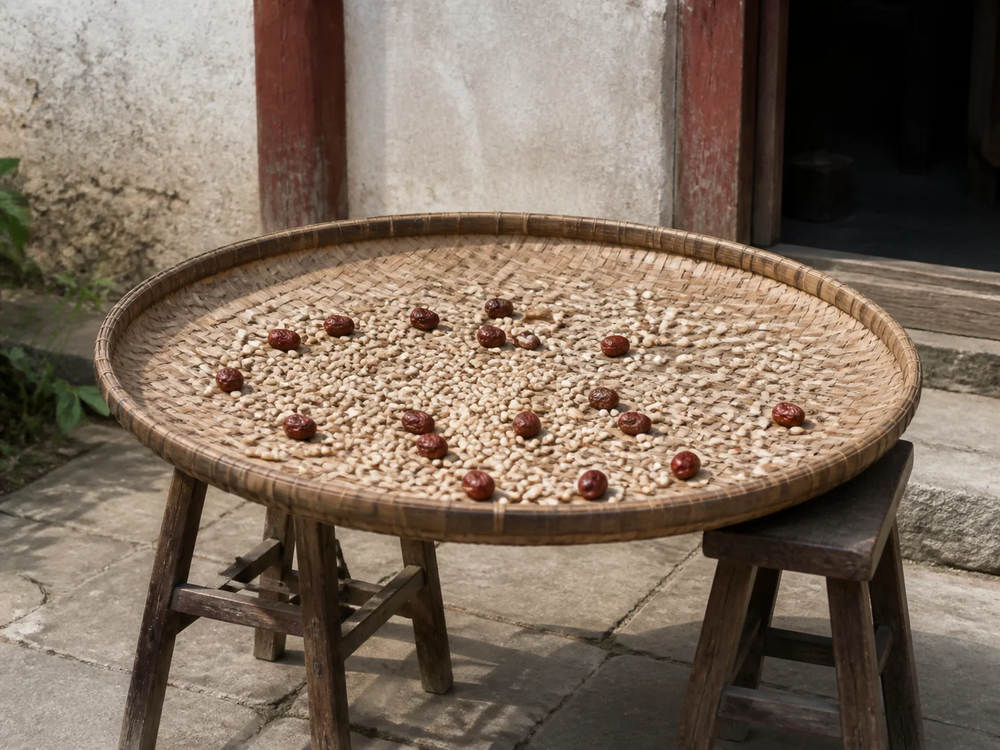 Large round woven bamboo tray holding pale beans and red dates on low stools in a courtyard