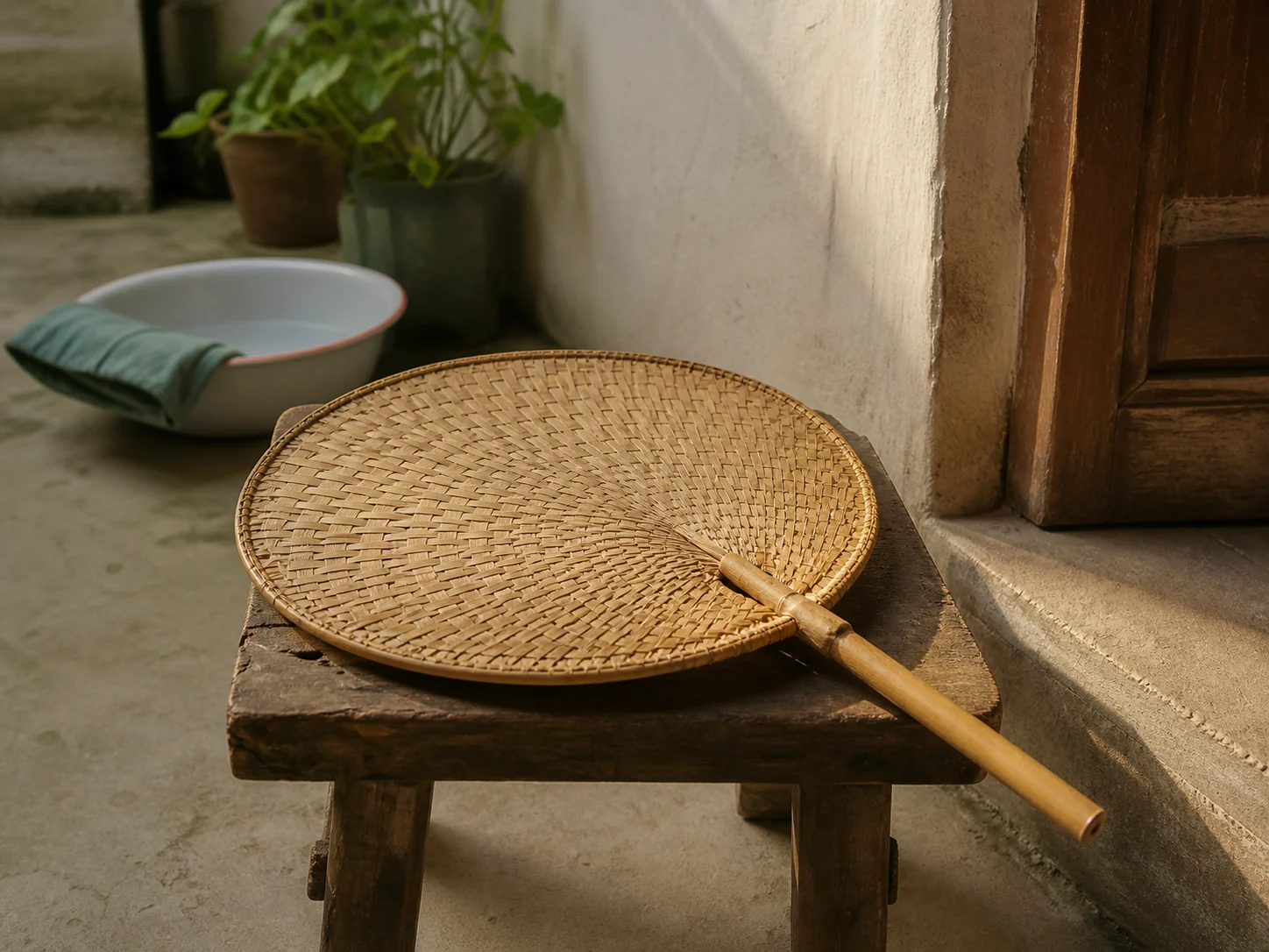 A woven bamboo hand fan resting on a low wooden stool beside an open doorway