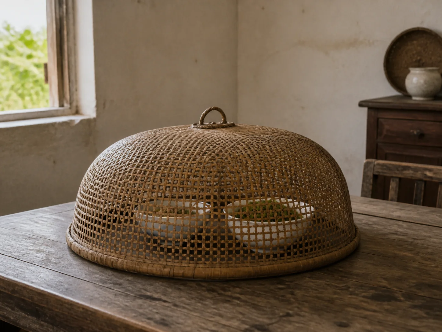 Dome-shaped woven bamboo food cover resting over porcelain bowls on a wooden table