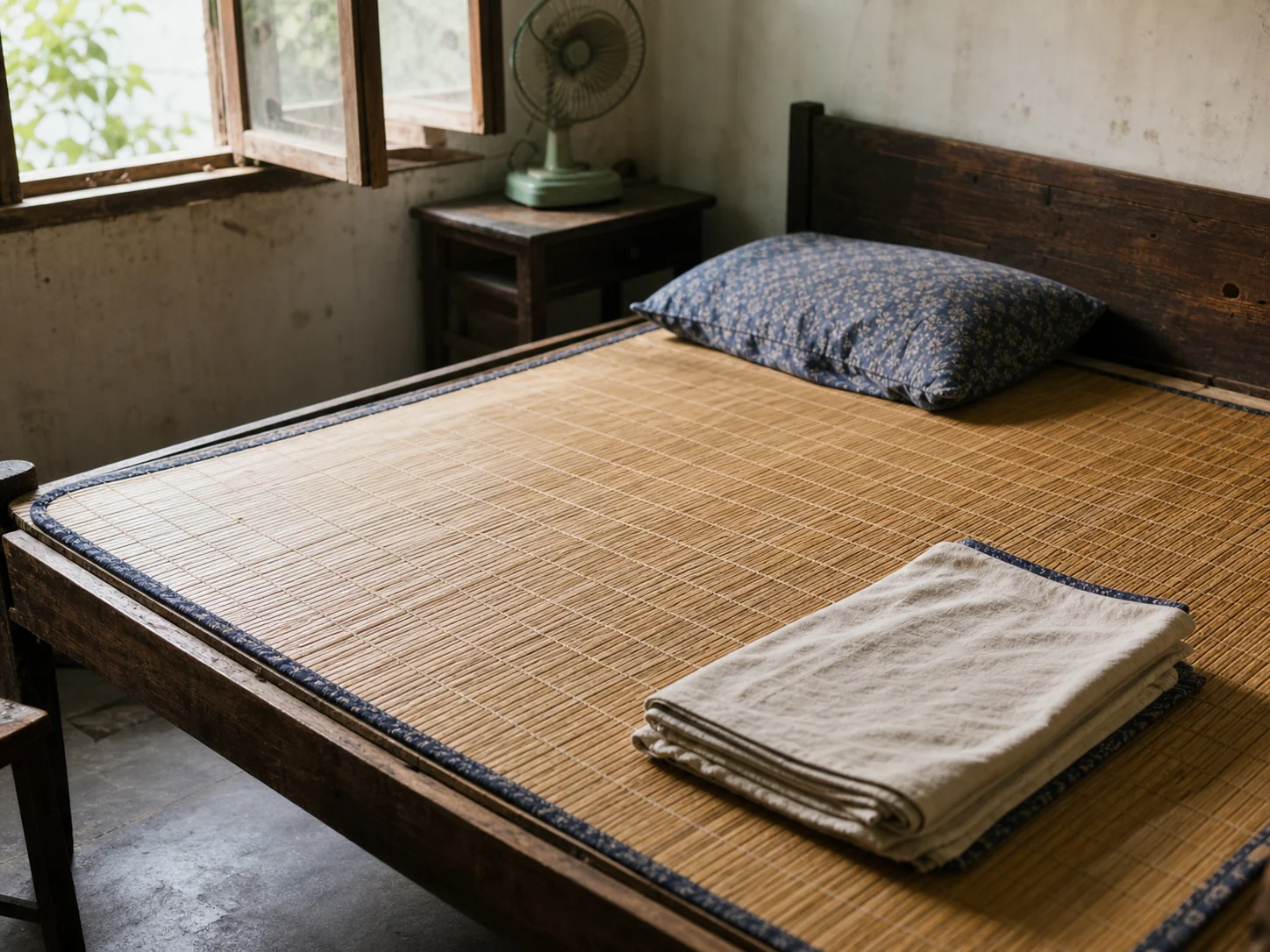 A woven bamboo sleeping mat spread across a simple summer bed beside an open window