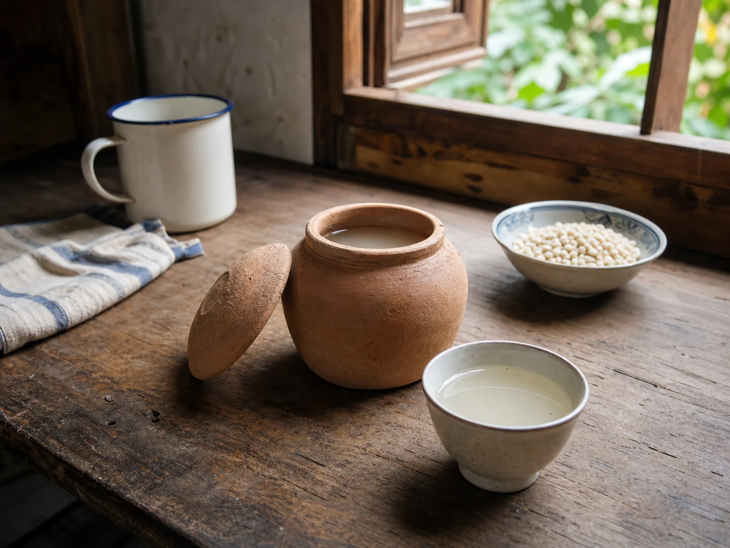 A small clay pot of pale barley water beside a cup and a bowl of barley grains