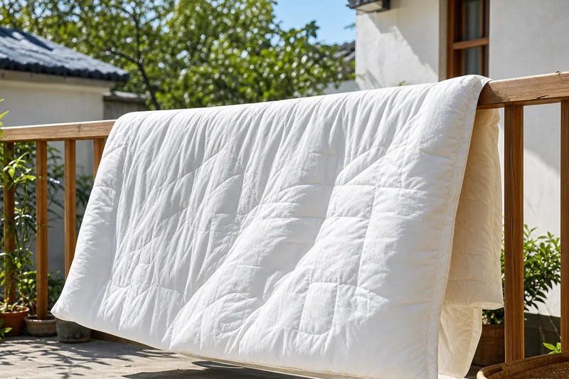 Cotton quilts spread across courtyard rails in direct sun