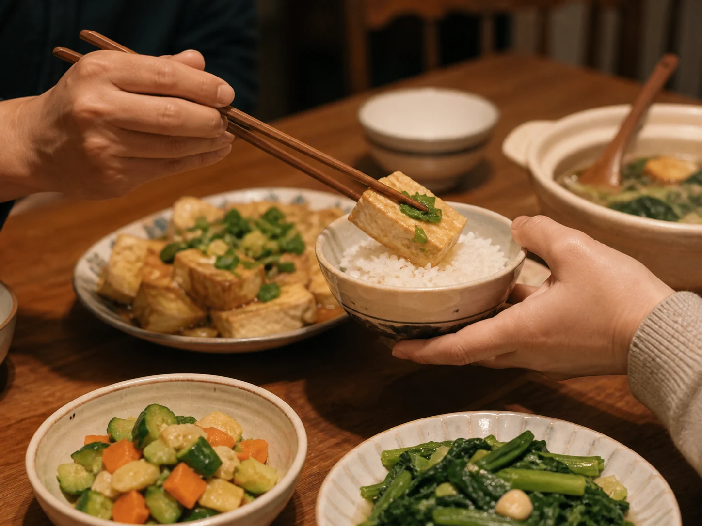 One person placing a piece of tofu into another person's rice bowl with chopsticks