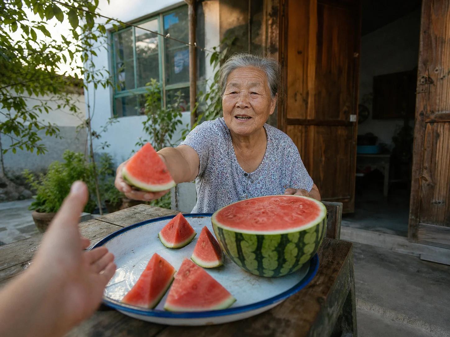 An older woman offering a watermelon wedge across a courtyard table with an enamel tray