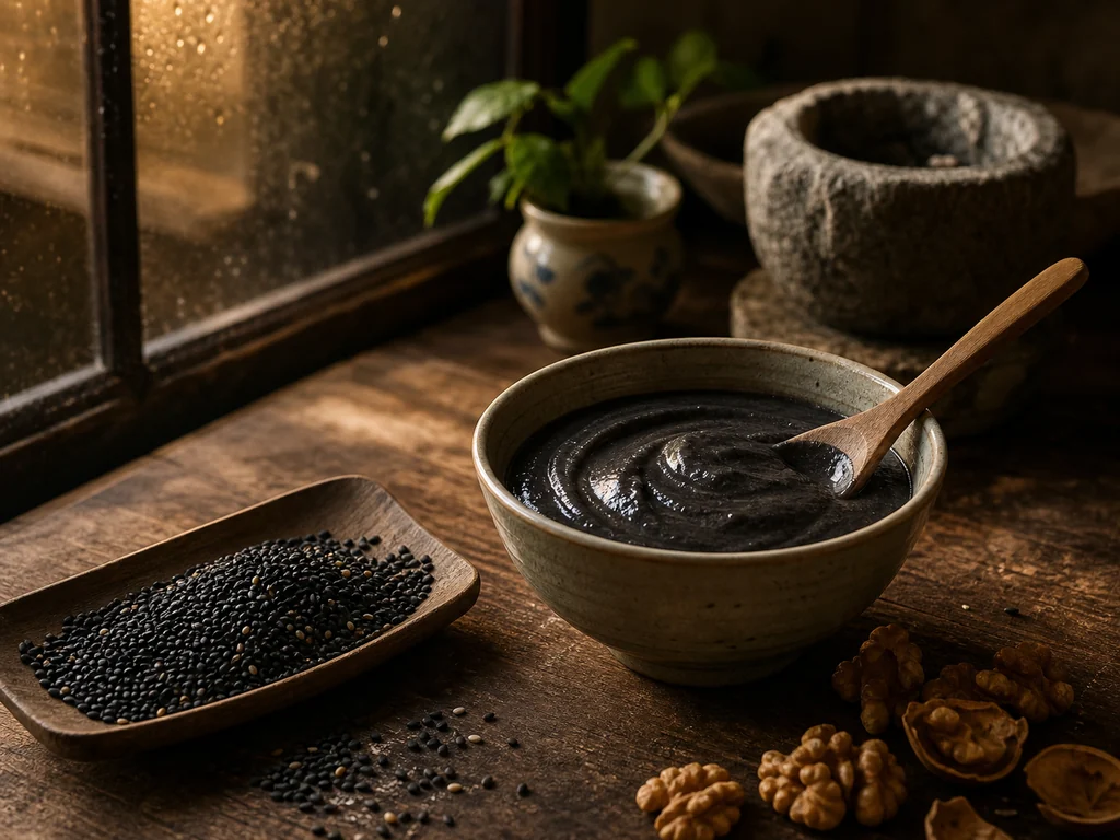 A ceramic bowl of glossy black sesame walnut paste with walnuts and a stone mortar