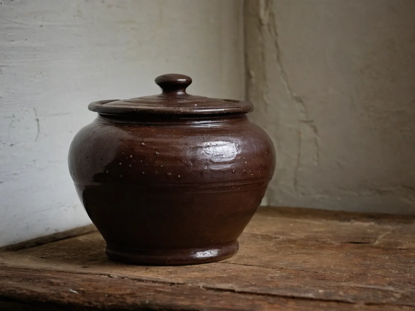 A dark glazed clay pickle jar with a fitted lid on a worn wooden table