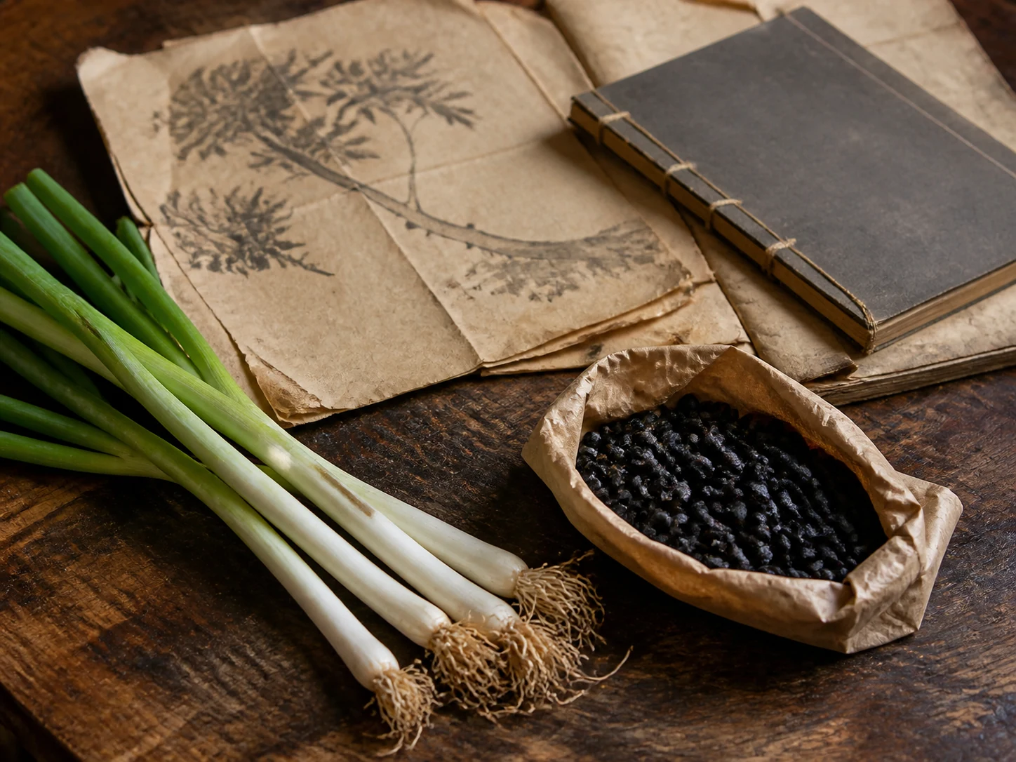 Scallion whites and fermented black soybeans beside folded paper and a stitched book
