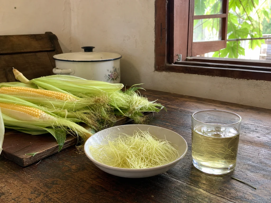 Fresh corn silk beside a pale cup of water on a summer kitchen table