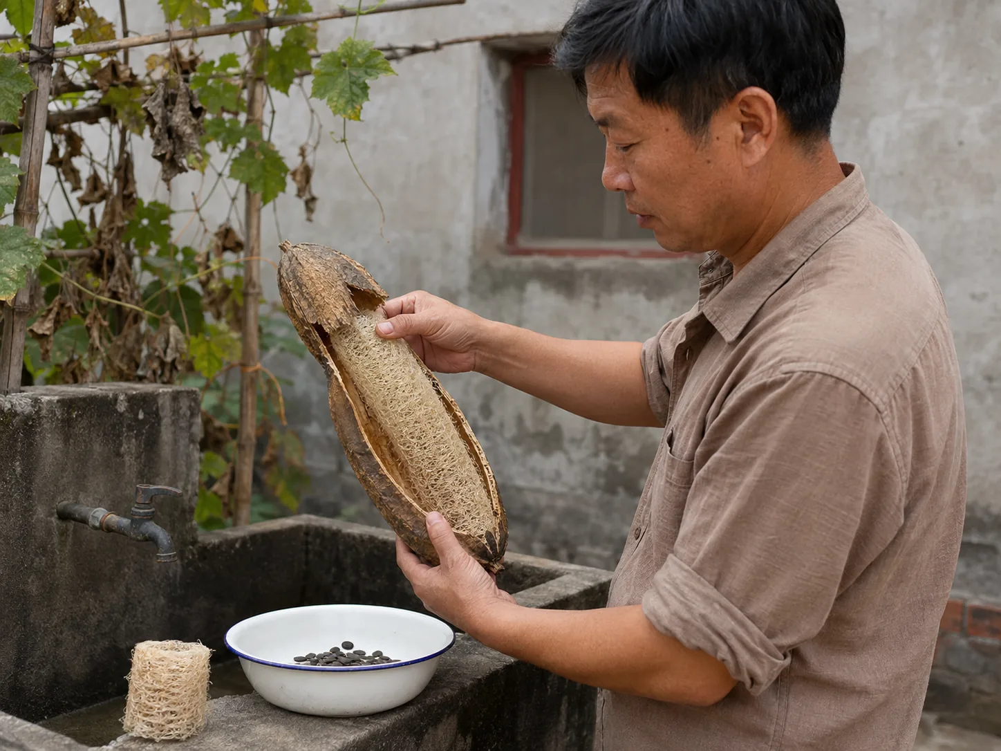 A man peeling a mature dried loofah over a seed bowl at an outdoor sink