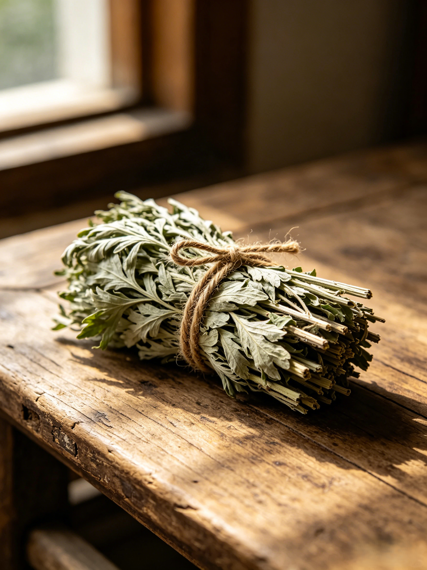 A small bundle of dried mugwort leaves tied with natural hemp string