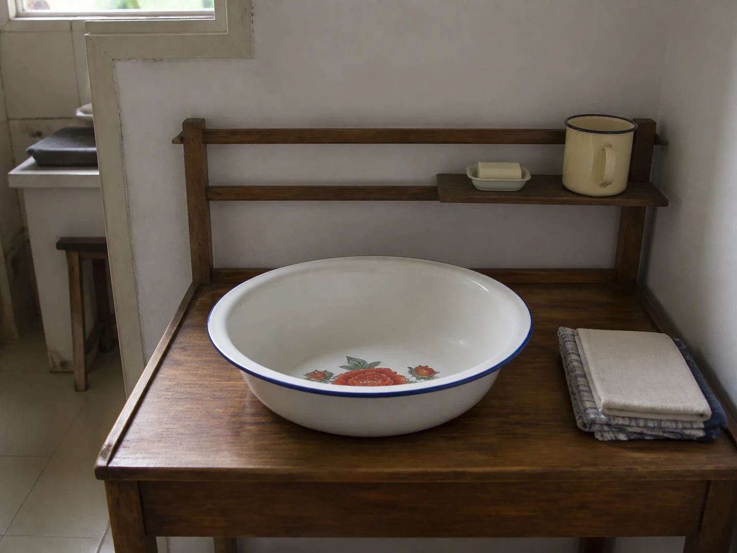 White enamel washbasin with a blue rim and red peonies on a wooden washstand
