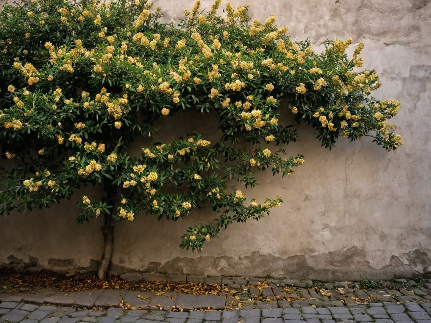 Clusters of pale-gold osmanthus blossoms growing against an aged alley wall