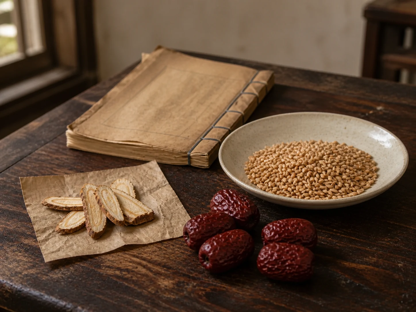 Licorice root slices, wheat grains, and dried jujubes arranged separately beside an old thread-bound book