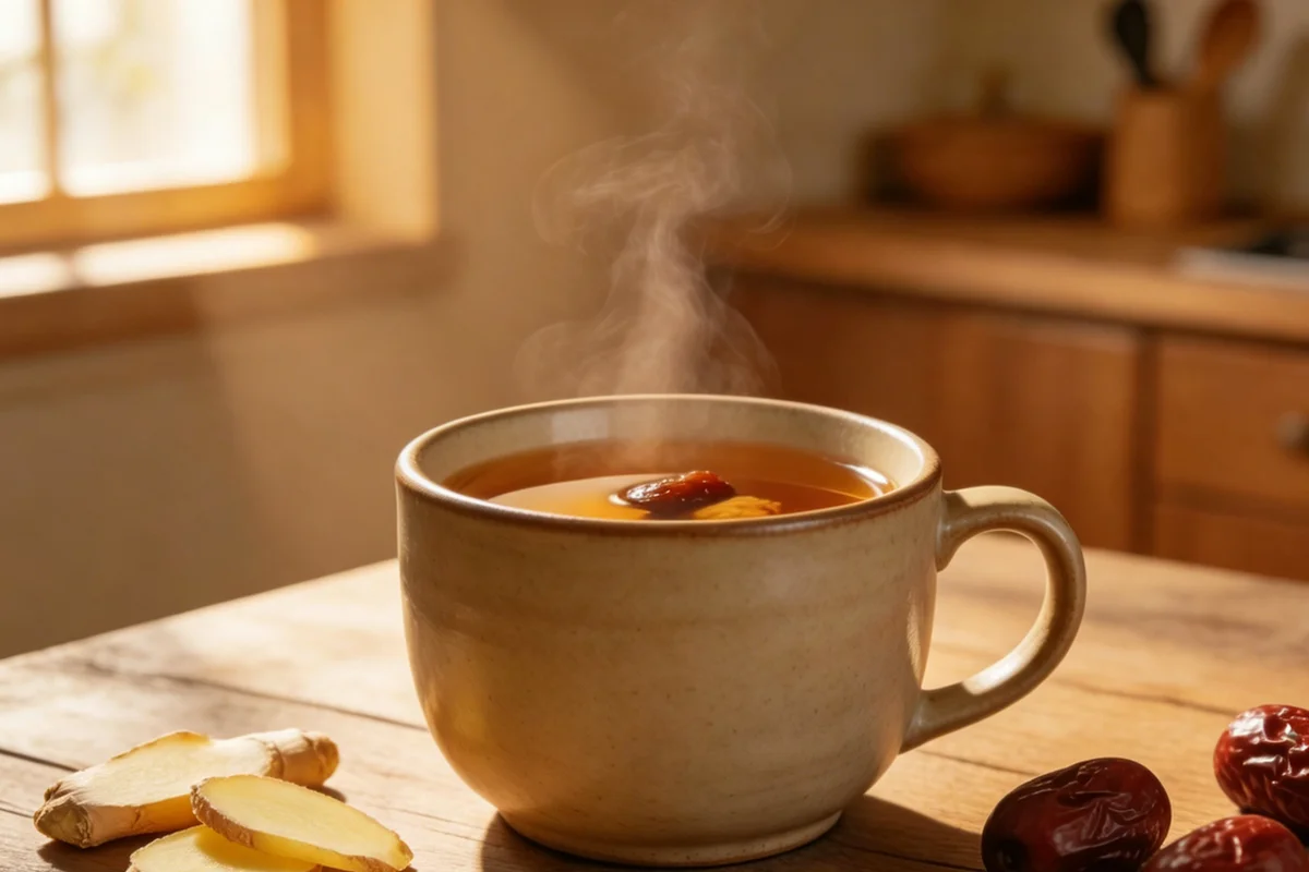 A bowl of plain rice congee on a wooden table in a warm kitchen