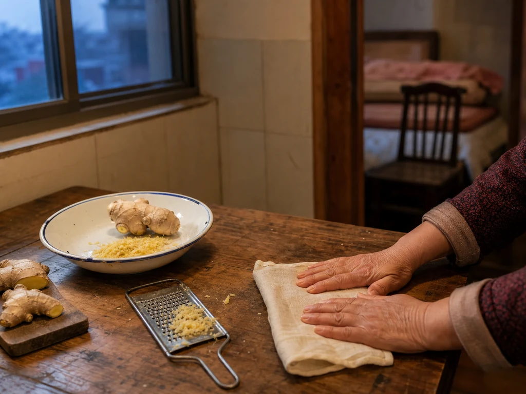 Fresh ginger and a folded cotton cloth beside an enamel bowl
