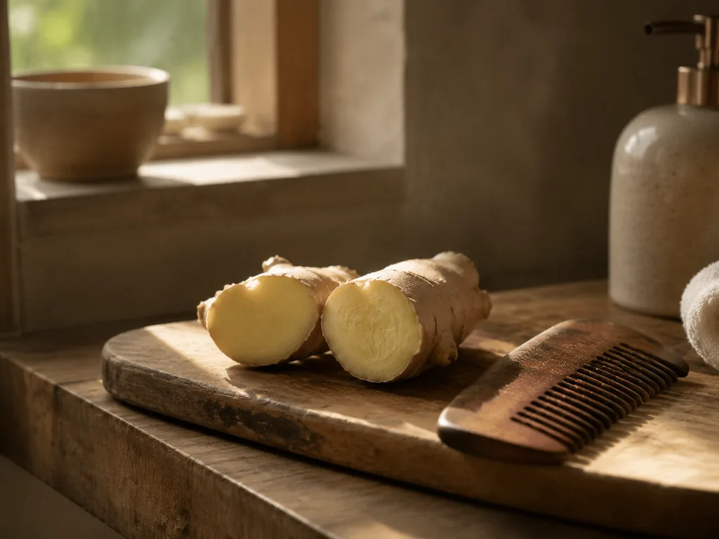 A freshly cut piece of ginger beside a wooden comb on a dressing table