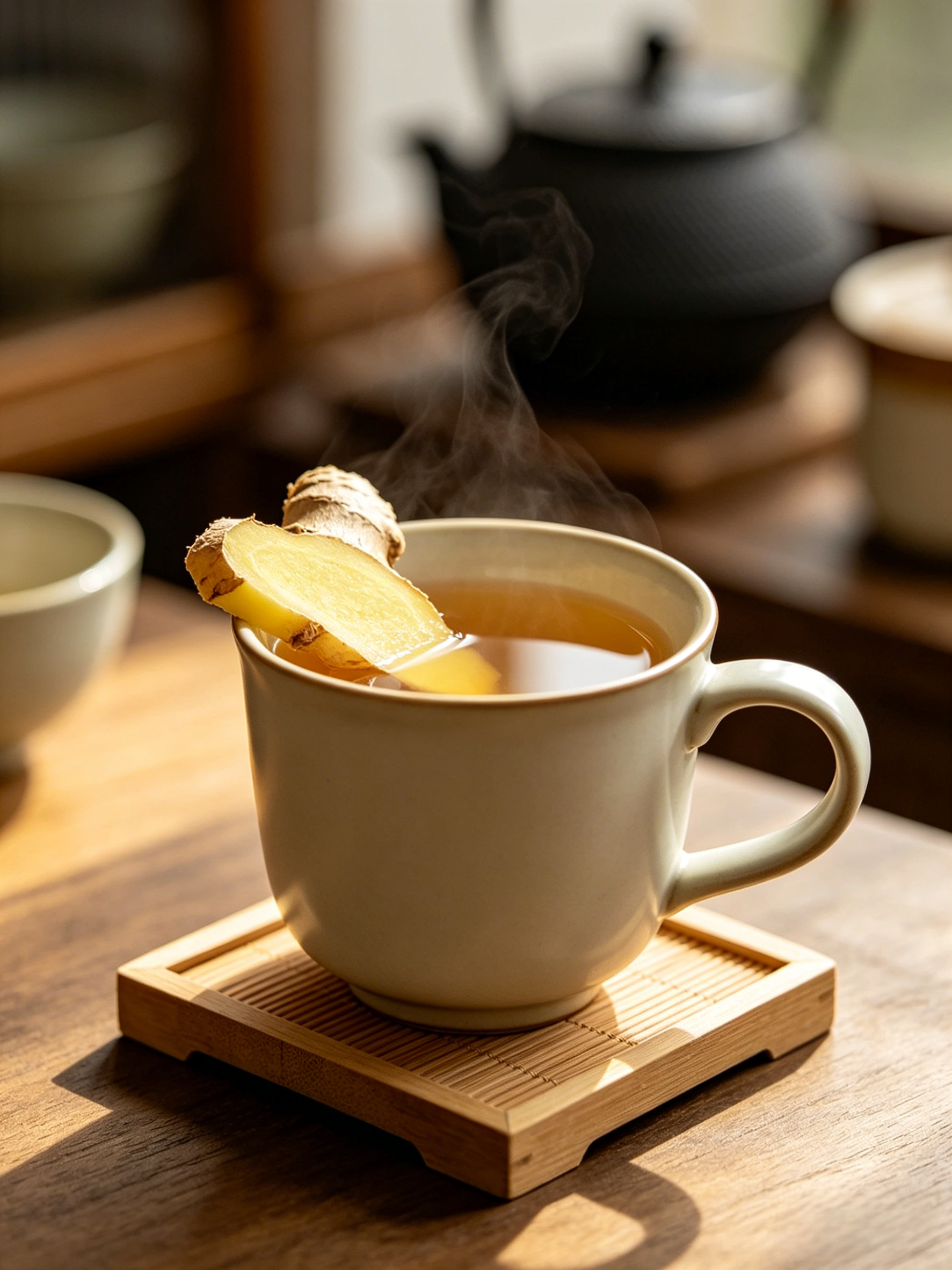 A simple ceramic cup of warm ginger tea on a bamboo coaster