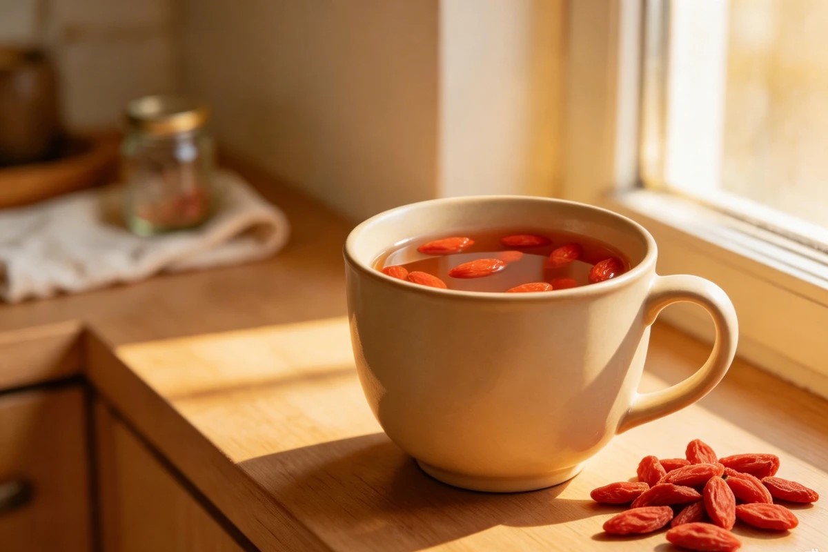 Dried goji berries in a tea cup