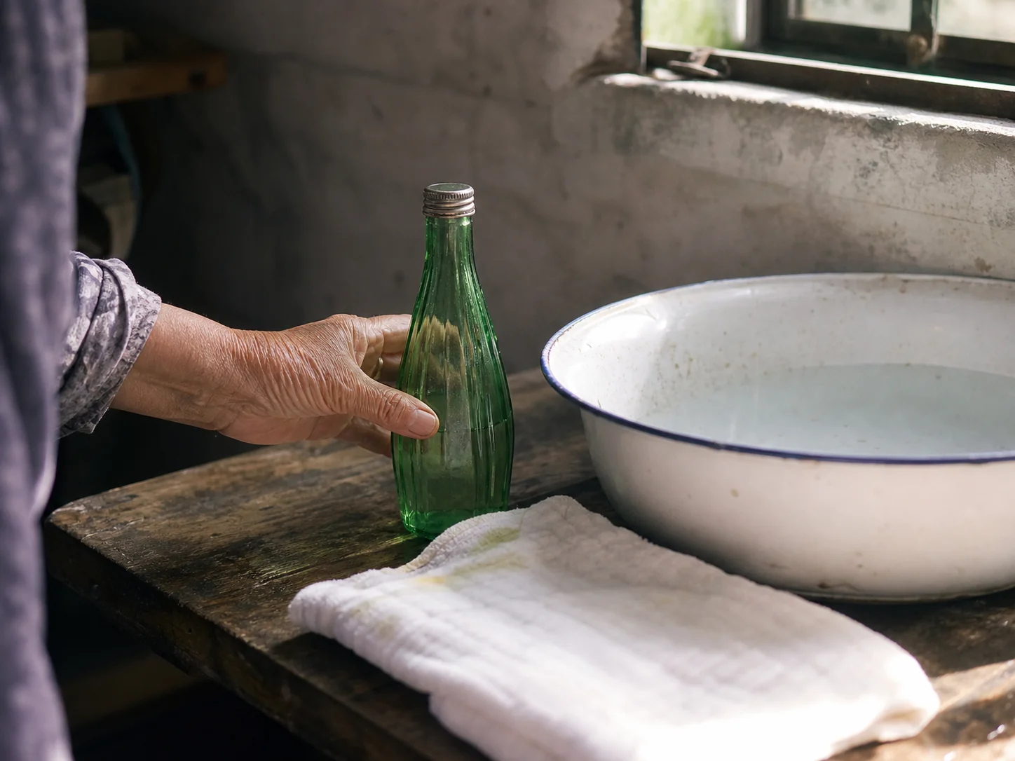 A plain green glass bottle beside a white enamel washbasin and folded cotton towel