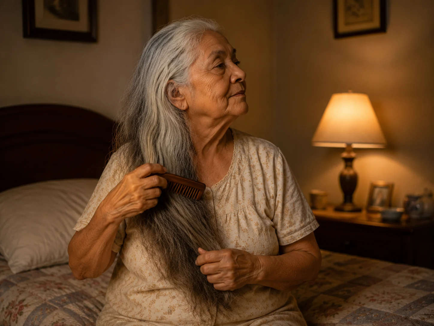 An older woman drawing a wooden comb through her hair beside a warm bedside lamp