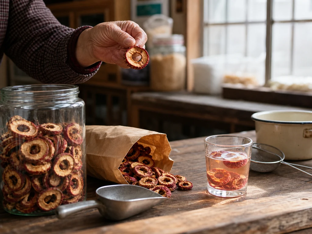 Dried hawthorn slices beside an amber cup on a wooden counter