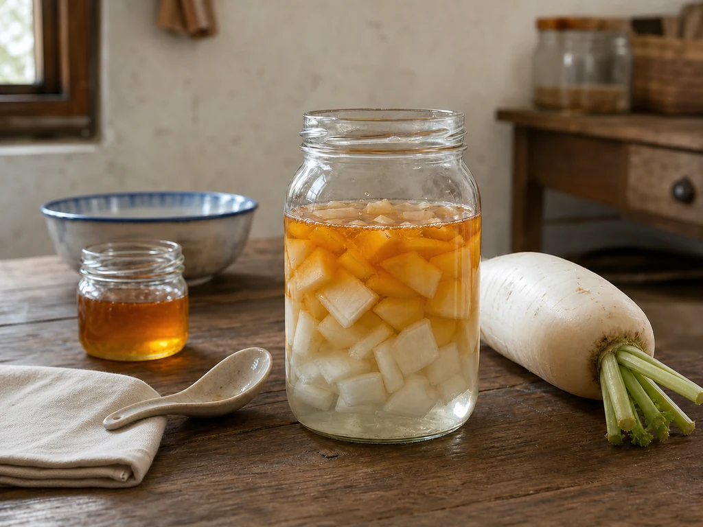 White radish pieces and honey in a glass jar on a kitchen table