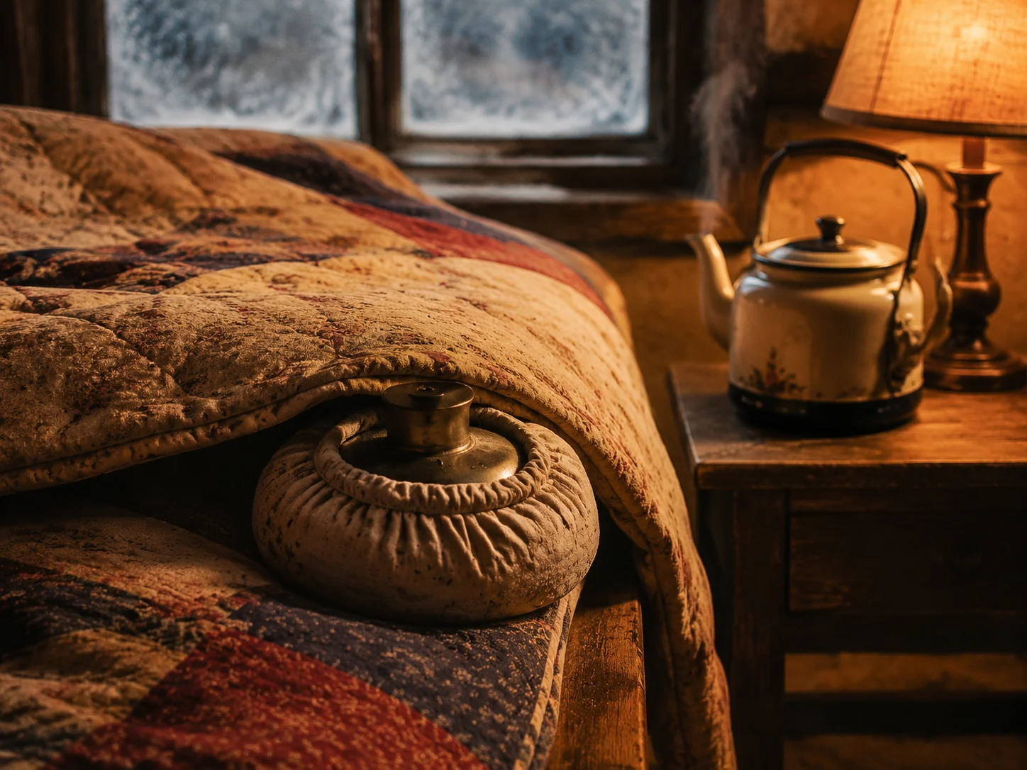 A copper hot water bottle wrapped in folded cotton cloth on a bedside chair