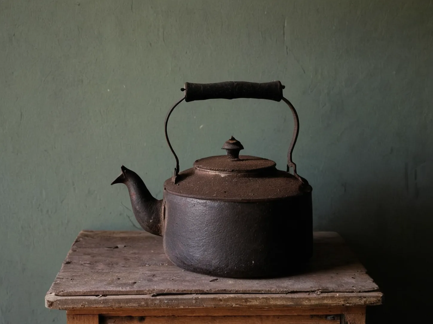 A dark old metal kettle with a high handle on a worn wooden surface