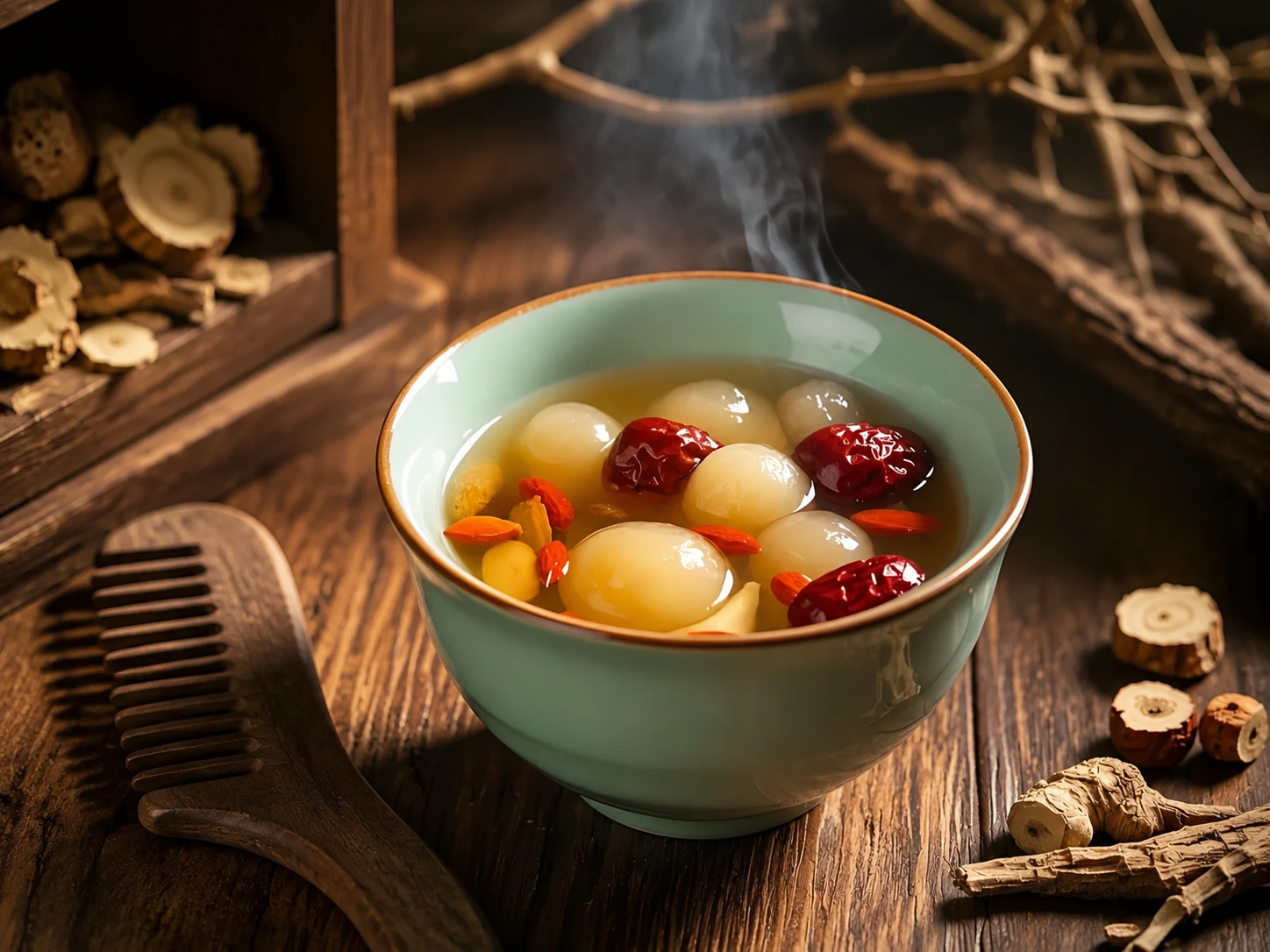 Dried longan and red dates beside a cup of dark red-brown tea