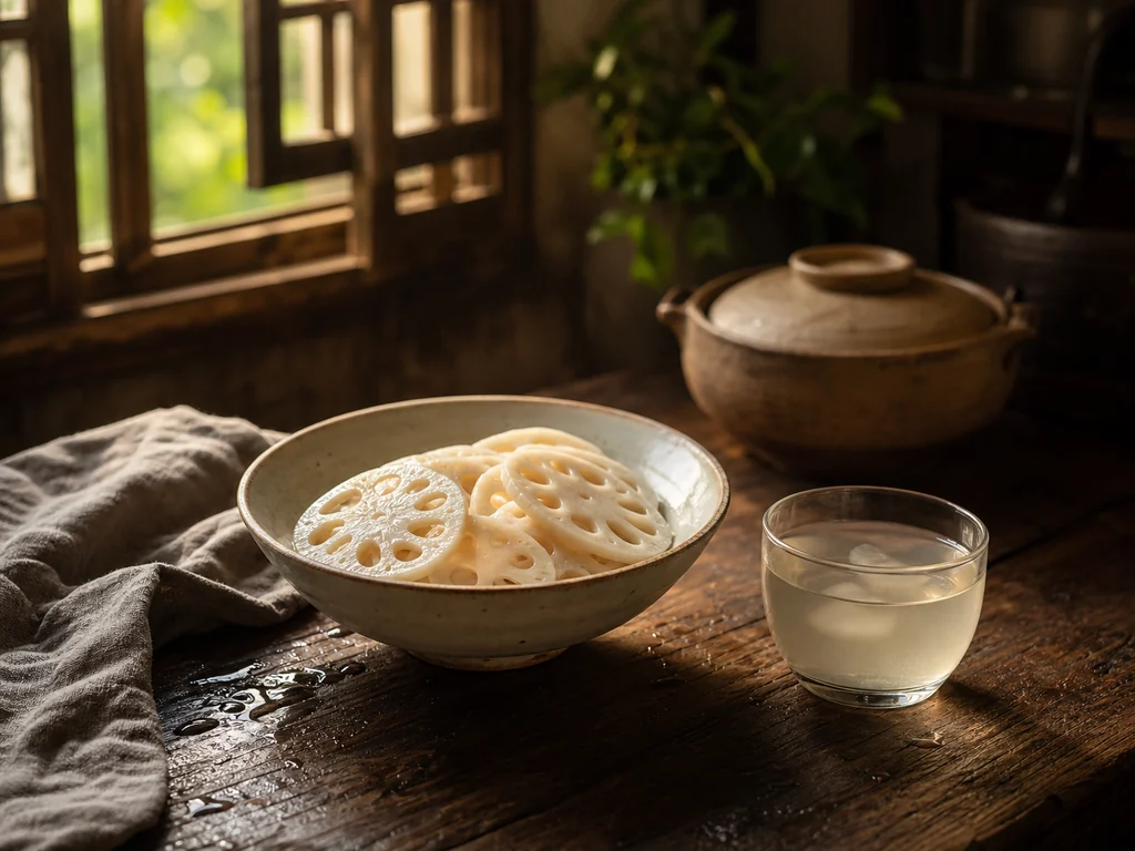Sliced lotus root with a glass of pale lotus root water on a wooden kitchen table