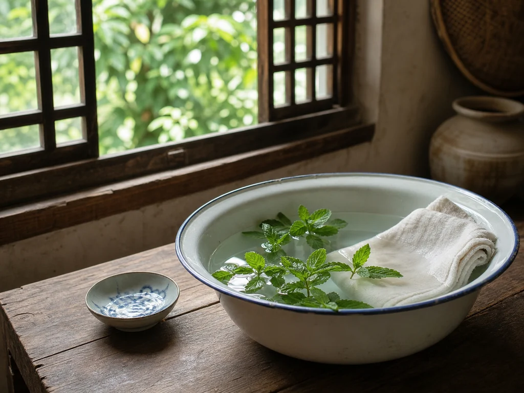 Fresh mint and a folded cloth on a wooden table