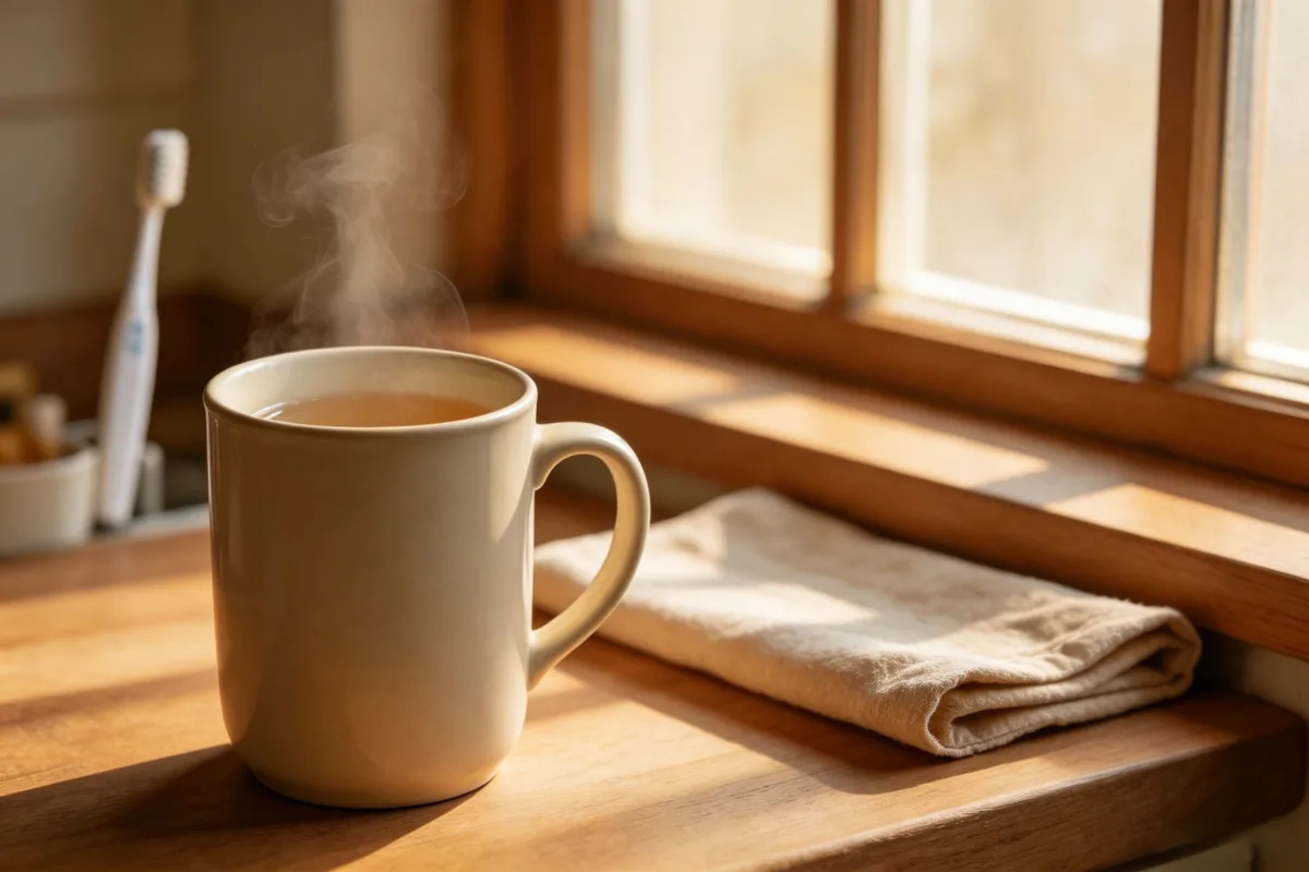 An enamel cup of warm water beside a household thermos
