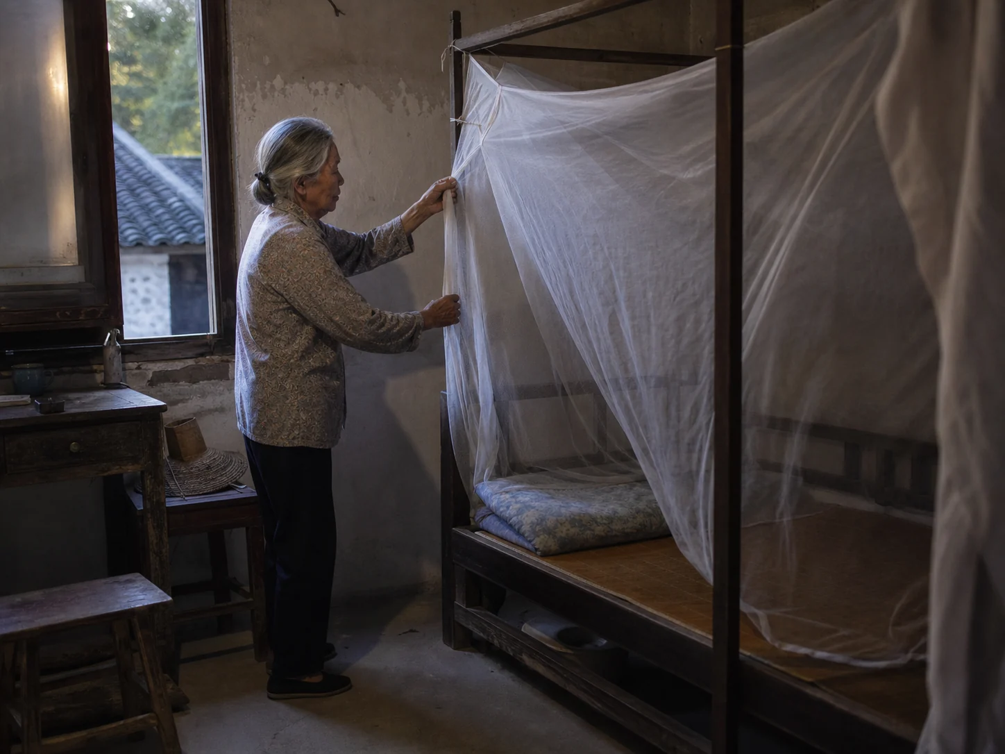 An older woman lowering a white mosquito net around a wooden bed beside an open window