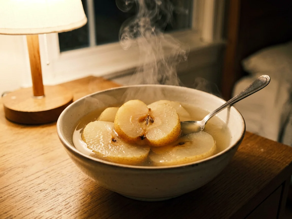 Cut snow pear and a small bowl of pale pear water on a kitchen table