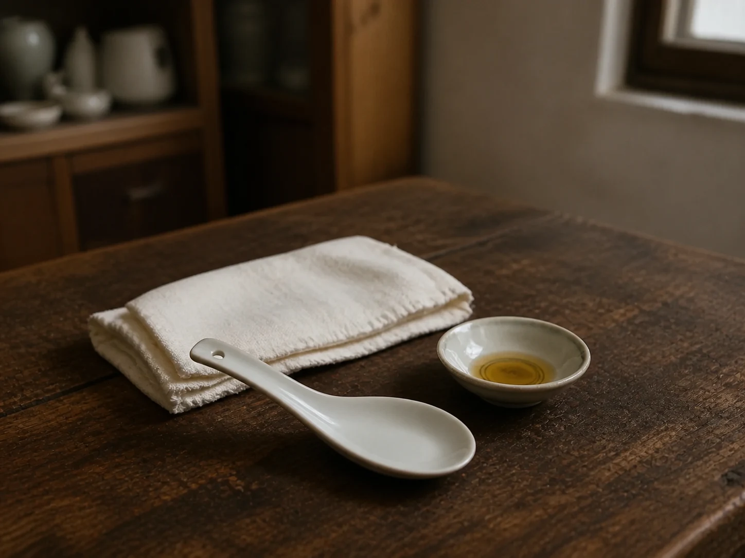 White porcelain soup spoon beside a small saucer of oil and a folded cotton cloth on a wooden table
