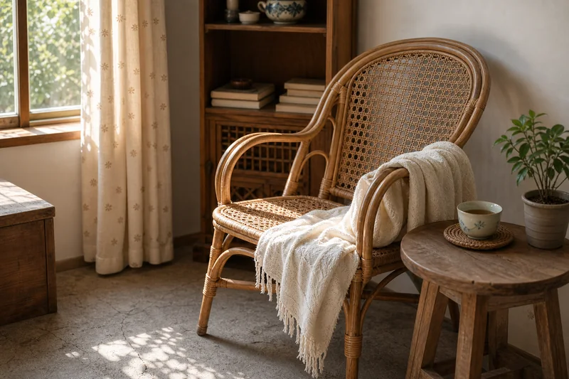 A chair near a shaded window prepared for a quiet midday rest