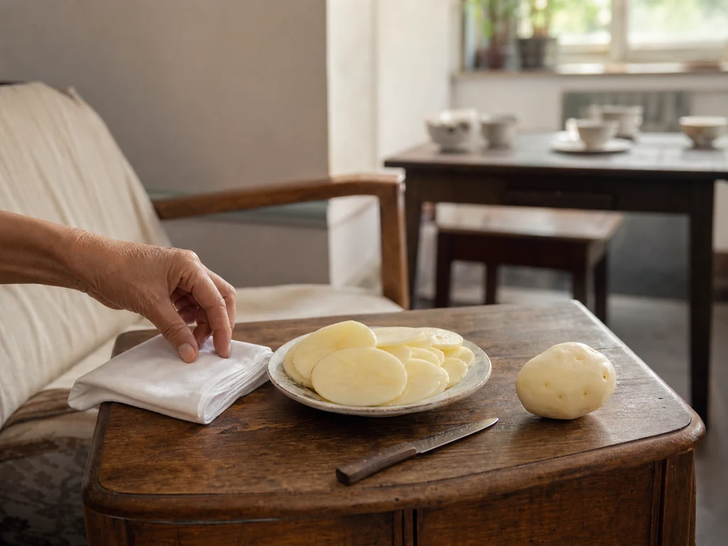Fresh potato slices beside a folded cotton handkerchief on a wooden table