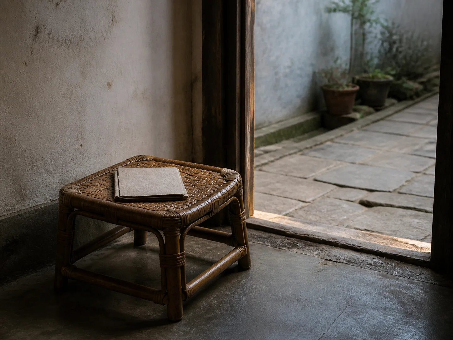 Low square rattan stool with a folded newspaper beside an open courtyard doorway