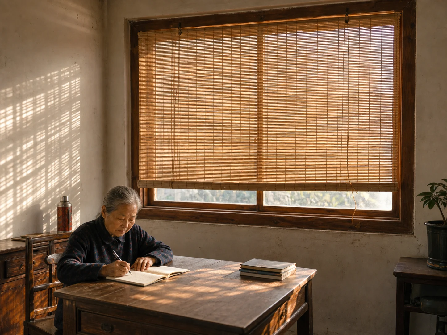 A lowered woven reed blind filtering afternoon light above an older woman writing at a wooden table