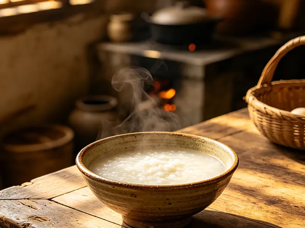 A bowl of plain rice congee in a modest Chinese kitchen