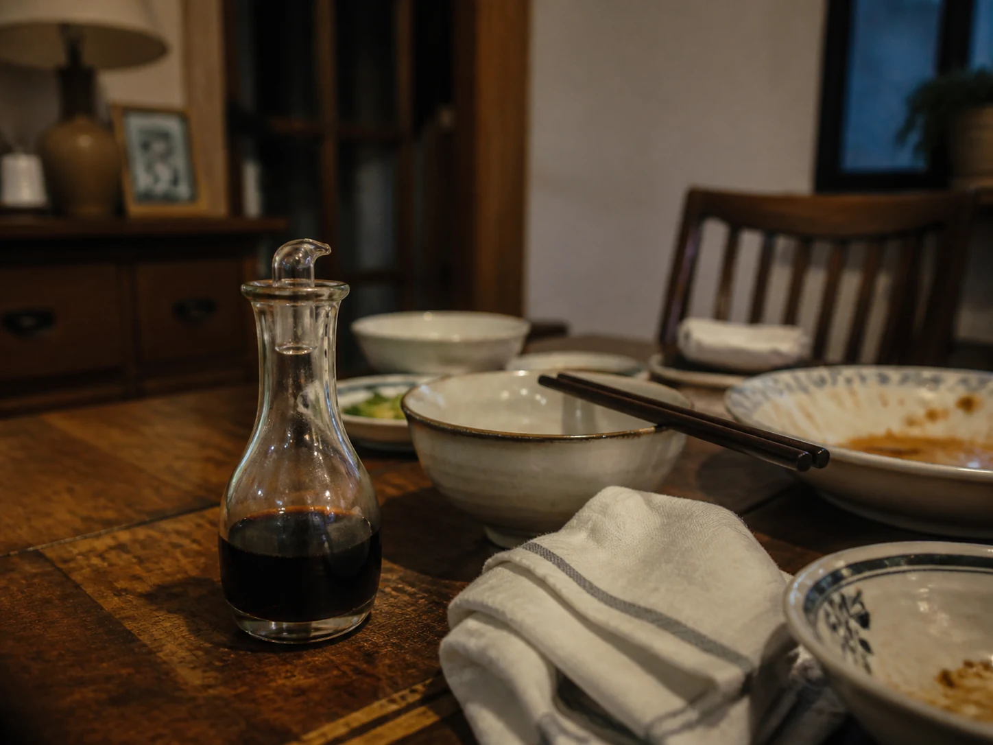 Small glass bottle of dark rice vinegar beside bowls on a wooden dining table
