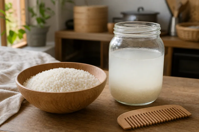 A jar of cloudy rice water beside a wooden comb and wash basin