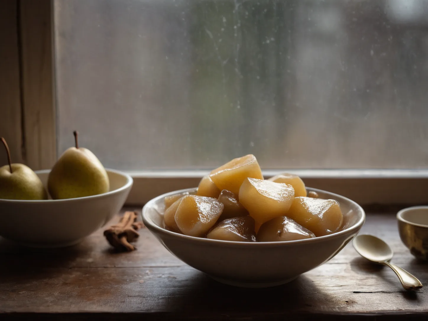 Soft cooked pear pieces in a porcelain bowl beside whole pears on a wooden kitchen table