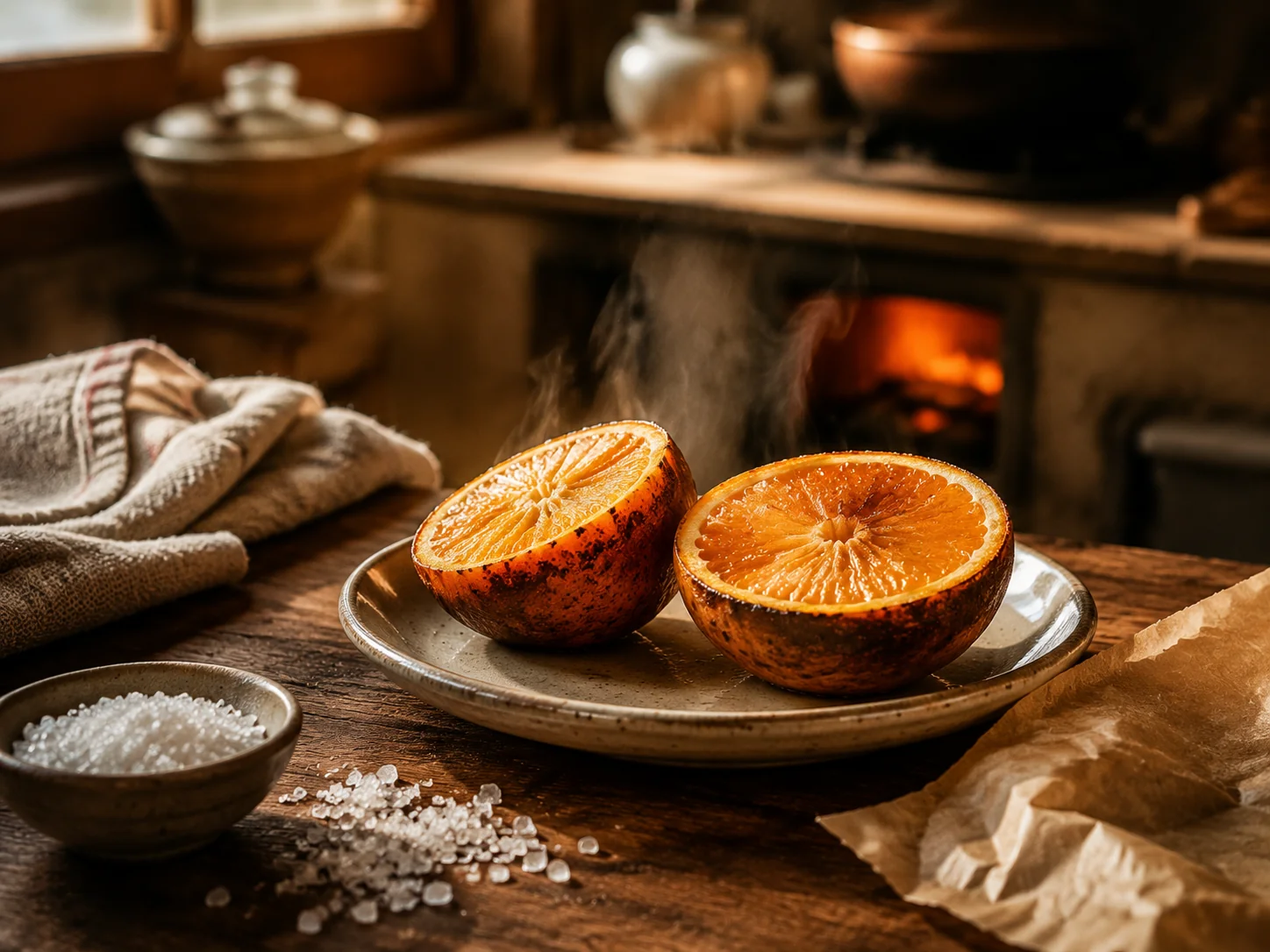 Two baked oranges with charred salt-crusted skins on a plate, still steaming