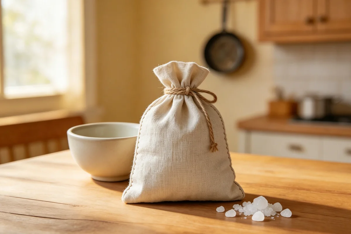 A cloth pouch filled with coarse salt resting on a wooden table