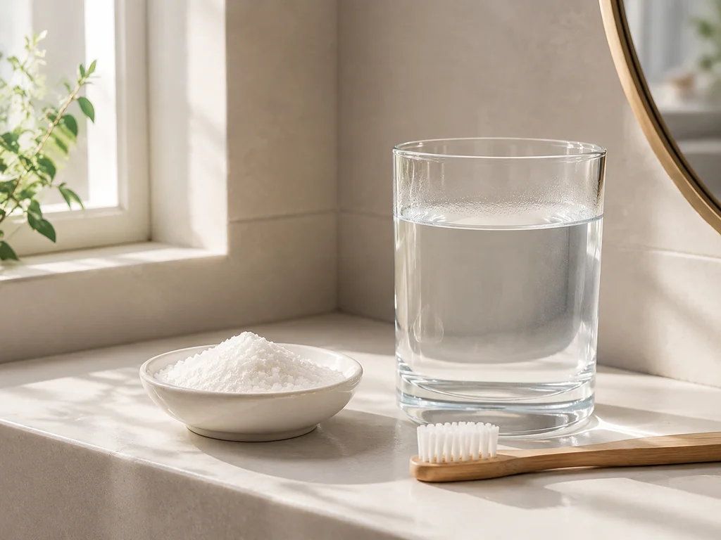 A small glass of pale salt water beside a toothbrush and enamel cup