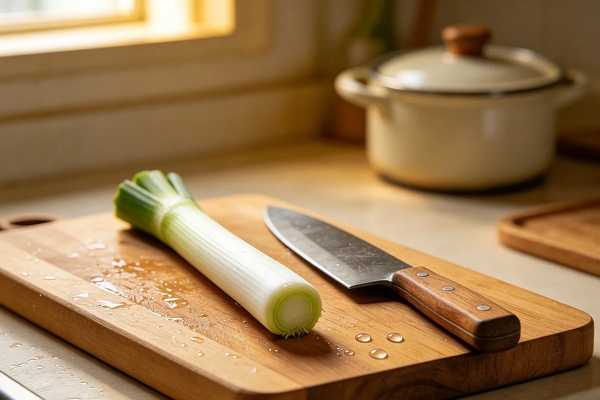 Scallion whites and ginger beside a small steaming cup