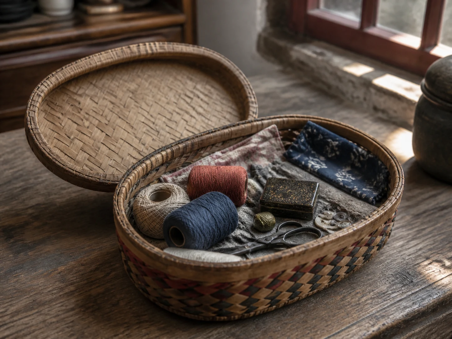 Open woven sewing basket with thread, buttons, cloth scraps, and small scissors by a window