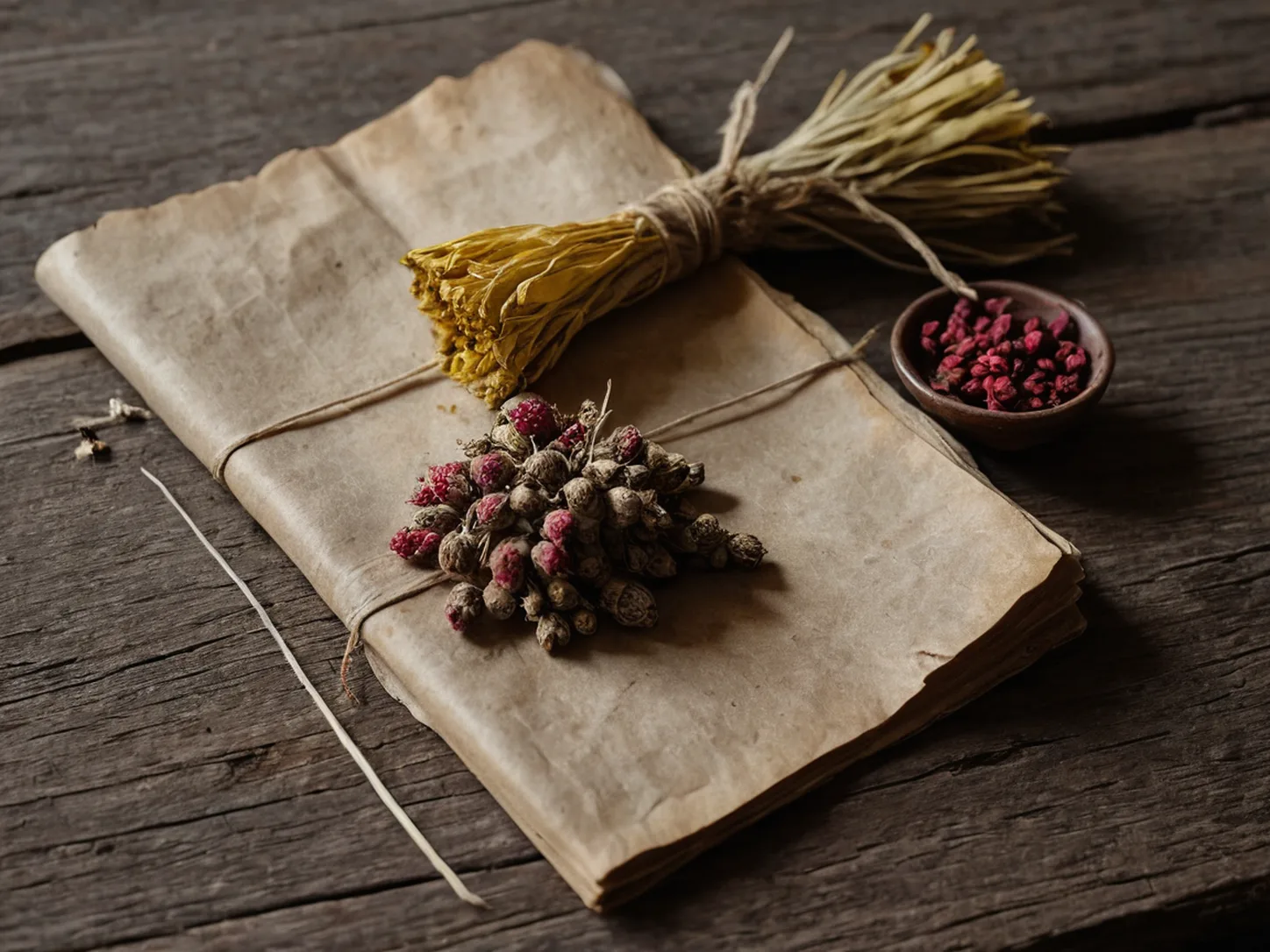A closed stitched book with dried roots and red berries arranged on a dark wooden table