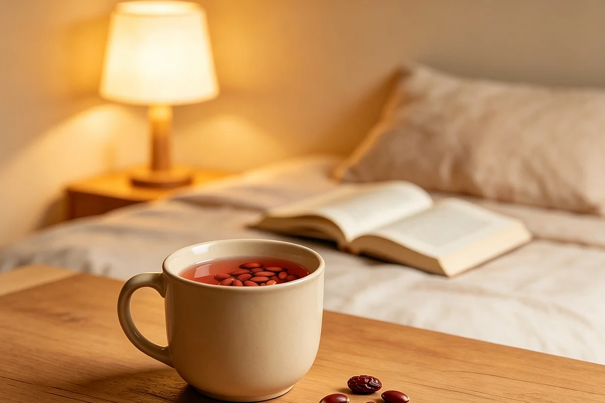 Sour jujube seeds beside a small covered cup on a bedside table